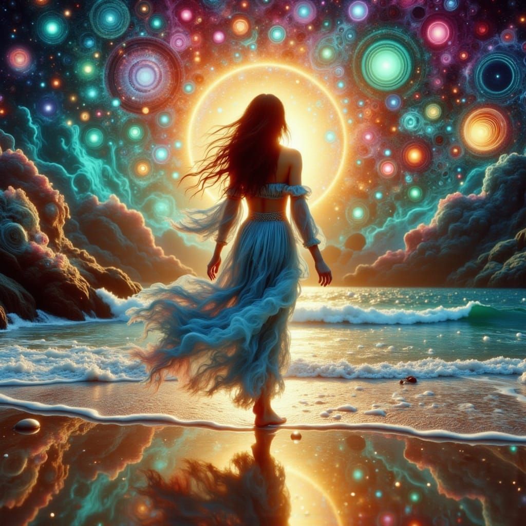 A lightly dressed woman walking on a beach, walking in-between a real beach and a fantasy beach, ethereal.<lora:Alcohol ...