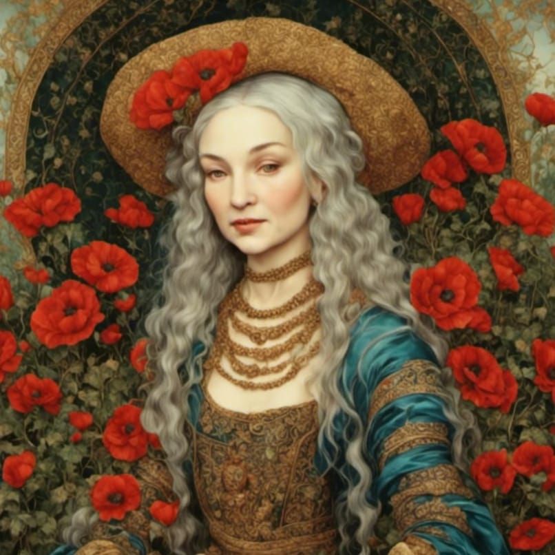 Older Lady with Poppies in Hair, Renaissance Style