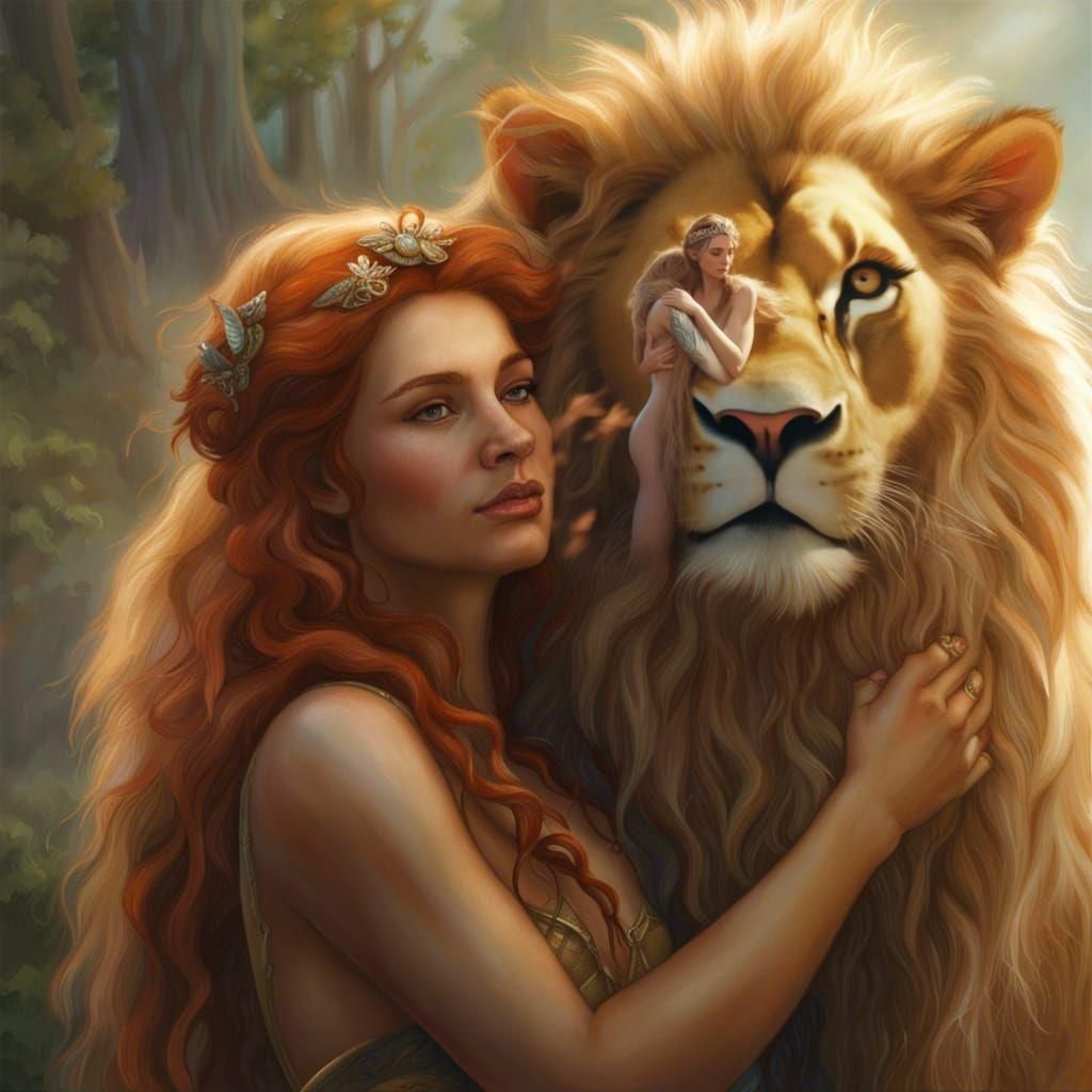 Fairy Goddess Hugging a Lion in Realistic Style