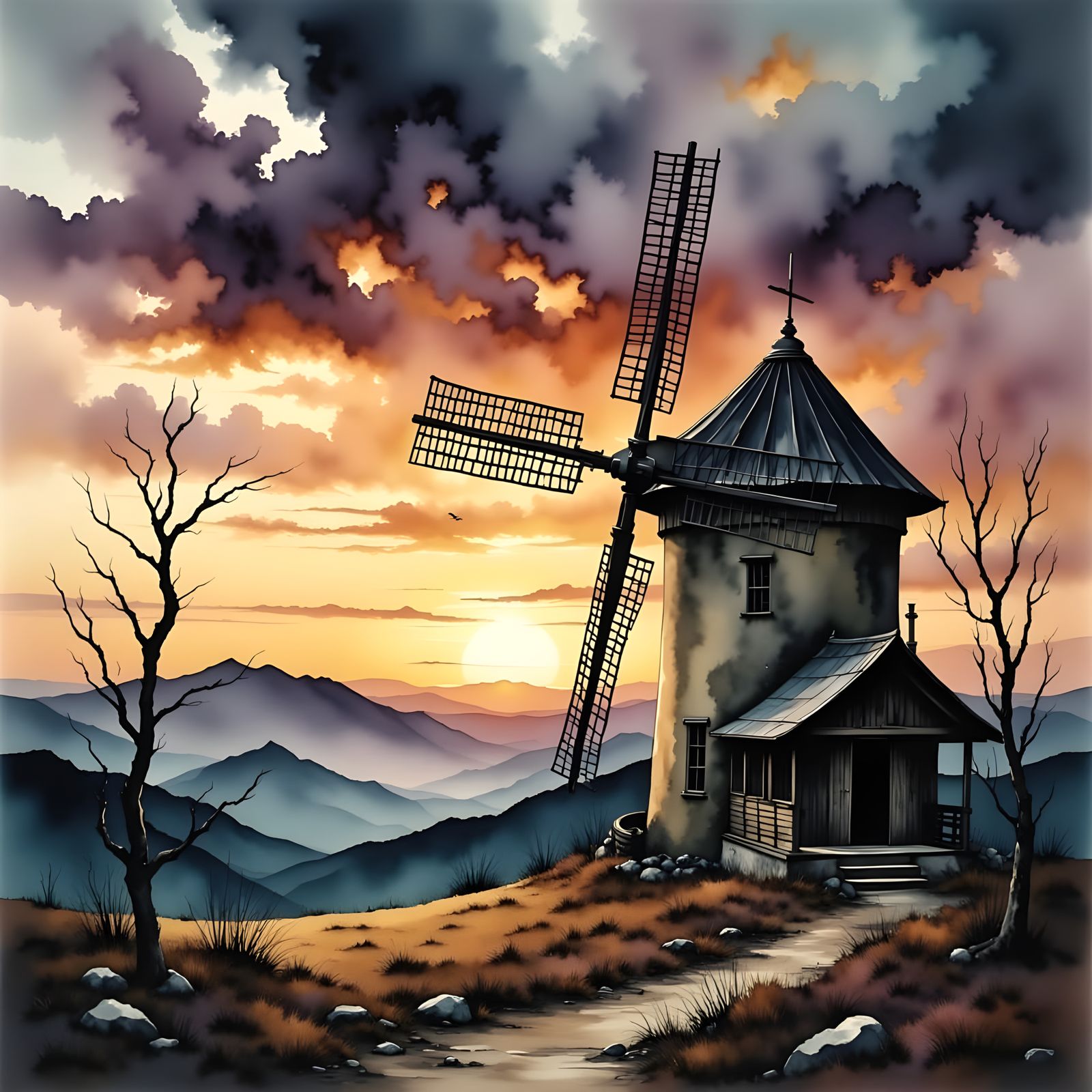 Windmill Silhouetted in a Vibrant Sunset Landscape