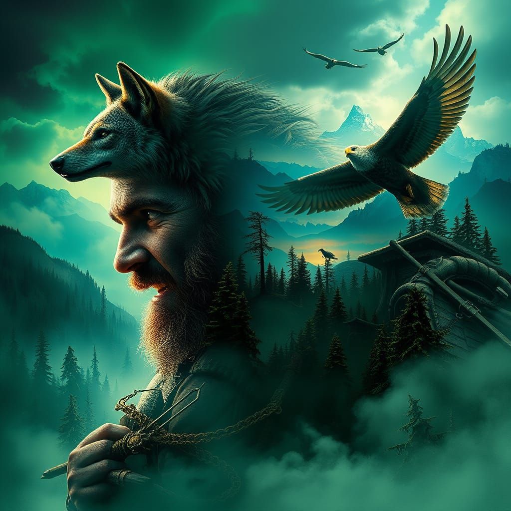 A vibrant double exposure photograph of a rugged adventurer with a silhouette filled with untamed wildlife. Majestic wol...