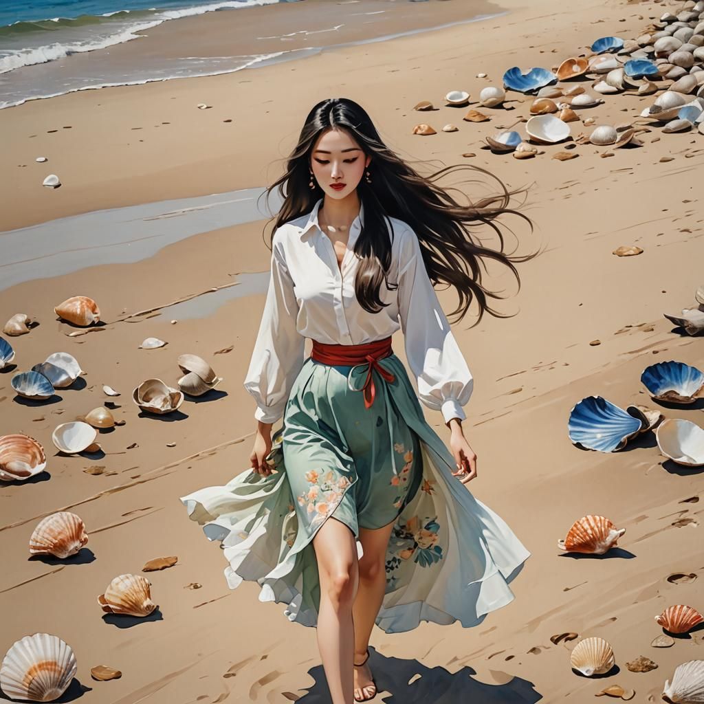 East Asian Woman Walking on Sunny Shoreline