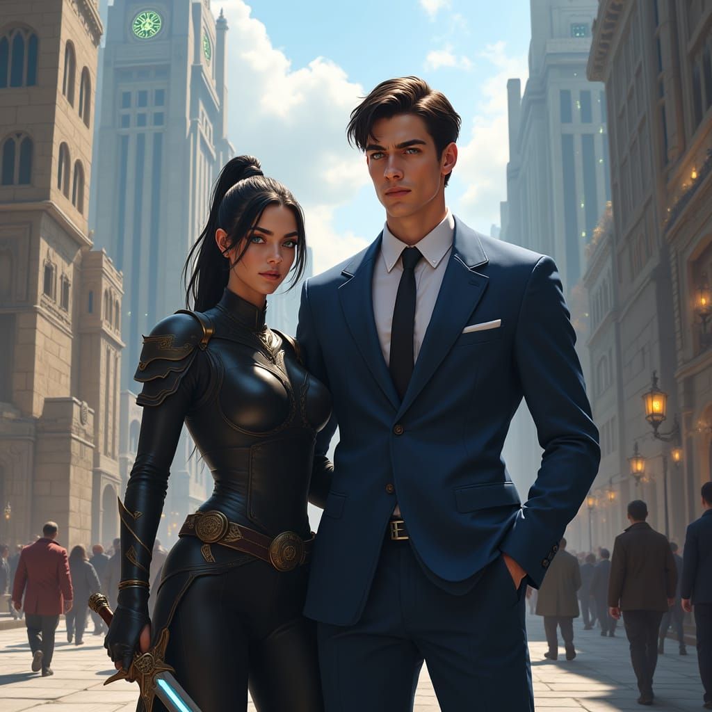 Dashing Young Man Embodies Confidence in Modern Fantasy City