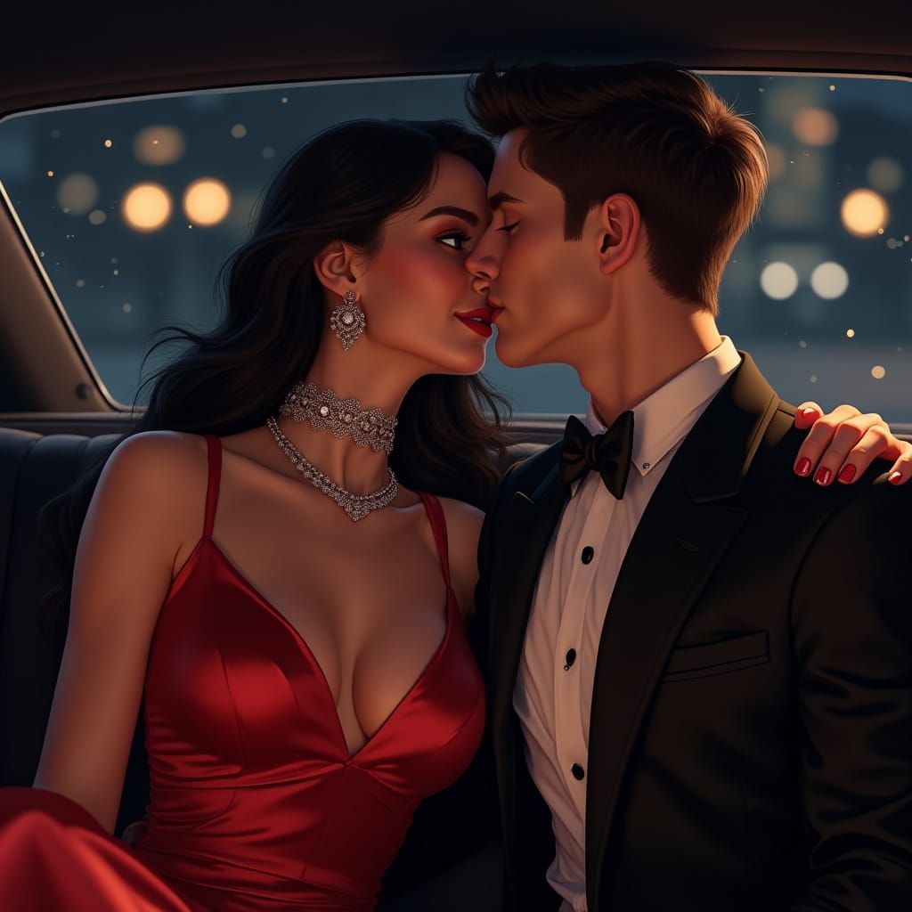 Romantic Limousine Scene in 2D Illustration Style
