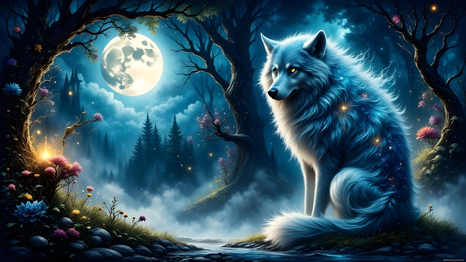 Majestic Wolf in Enchanted Forest by Moonlight