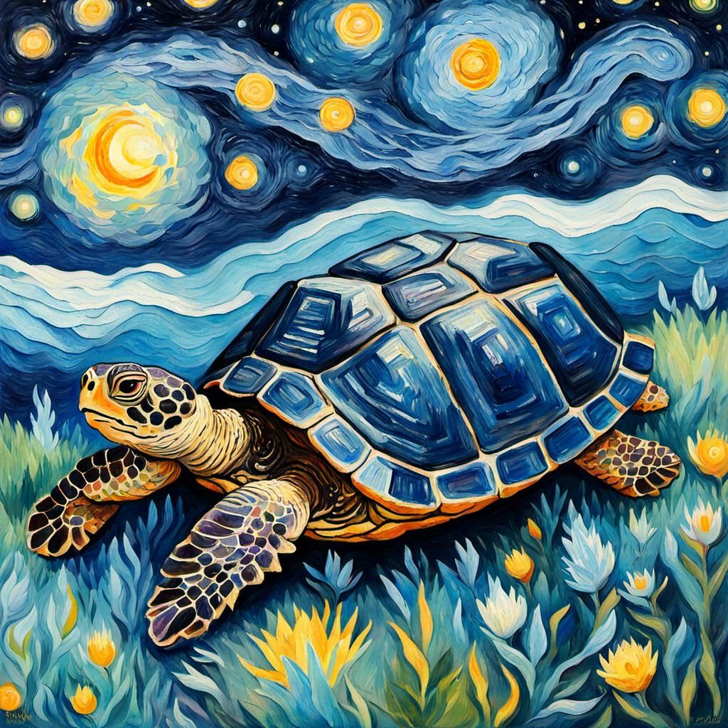 Starry Turtle in Van Gogh Impressionist Style