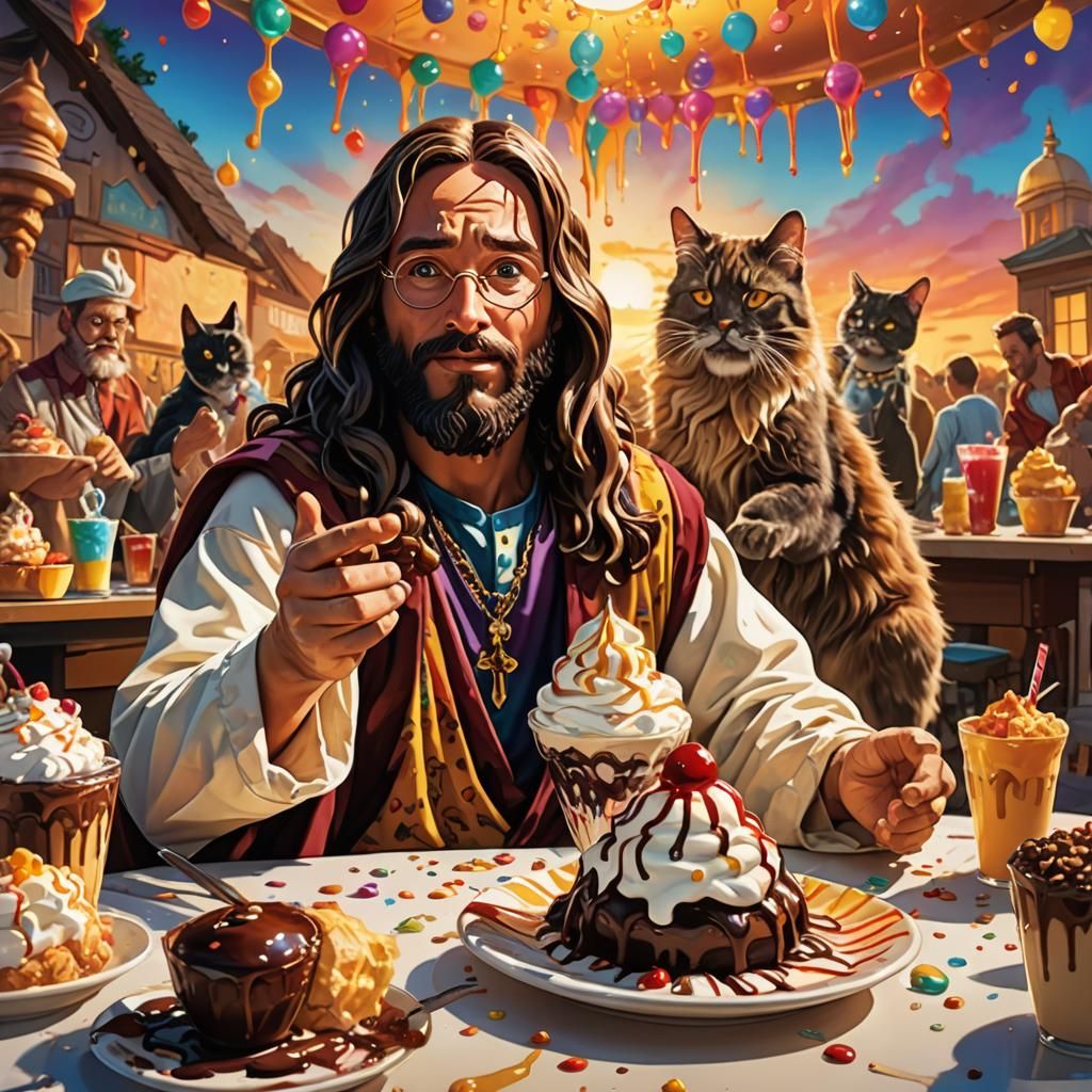 Jesus and Cat Sundae in Cartoon Style