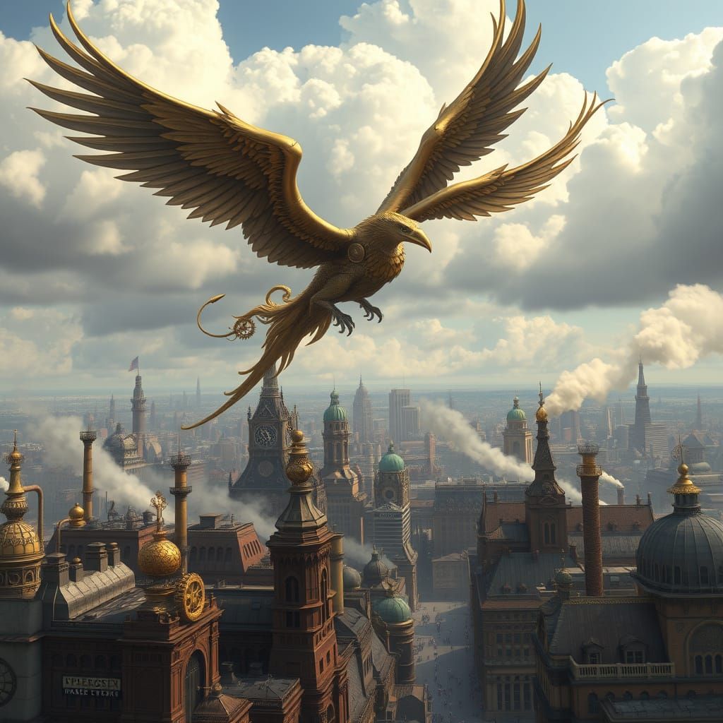 Steampunk Griffin Soaring Above Victorian Cityscape