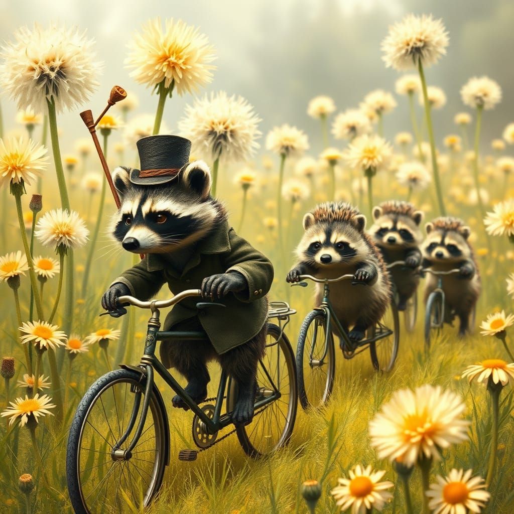 A mischievous raccoon in a tiny top hat, leading a parade of...
