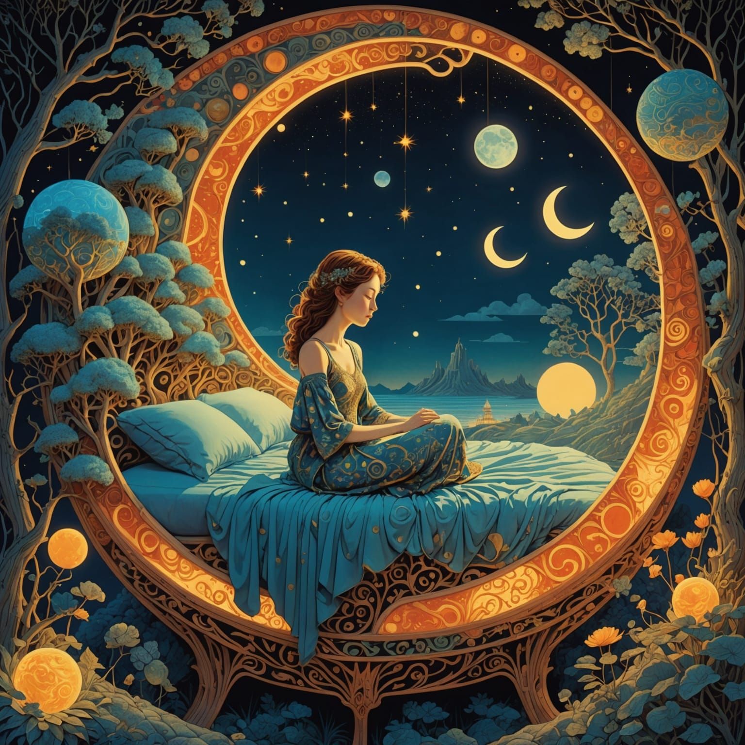 Surreal Dreamscape: Woman in Celestial Bed