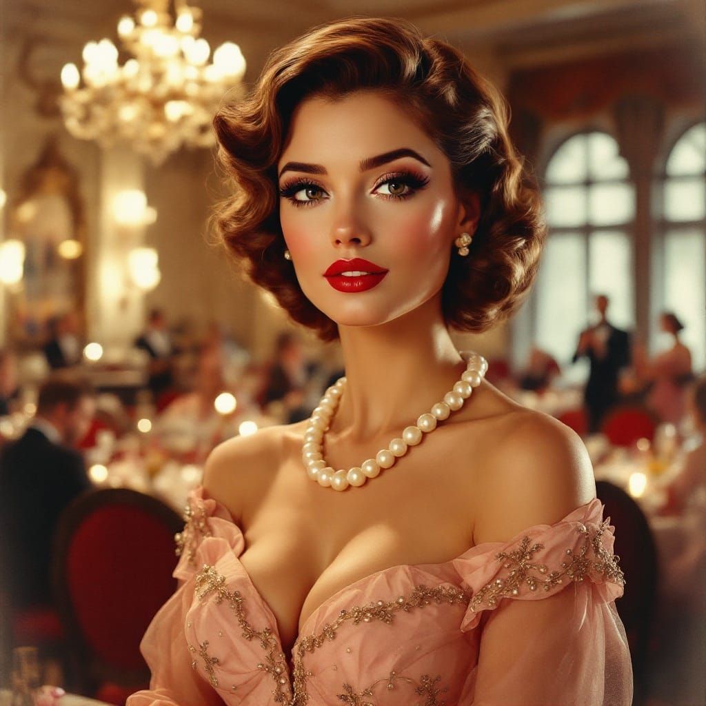 Vintage Woman in Pastel Watercolor Banquet Hall