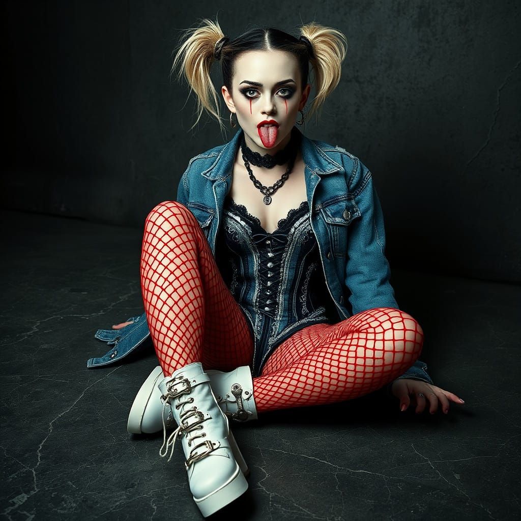 Mysterious Figure in Gothic Chic Attire Sits in Dark, Moody...