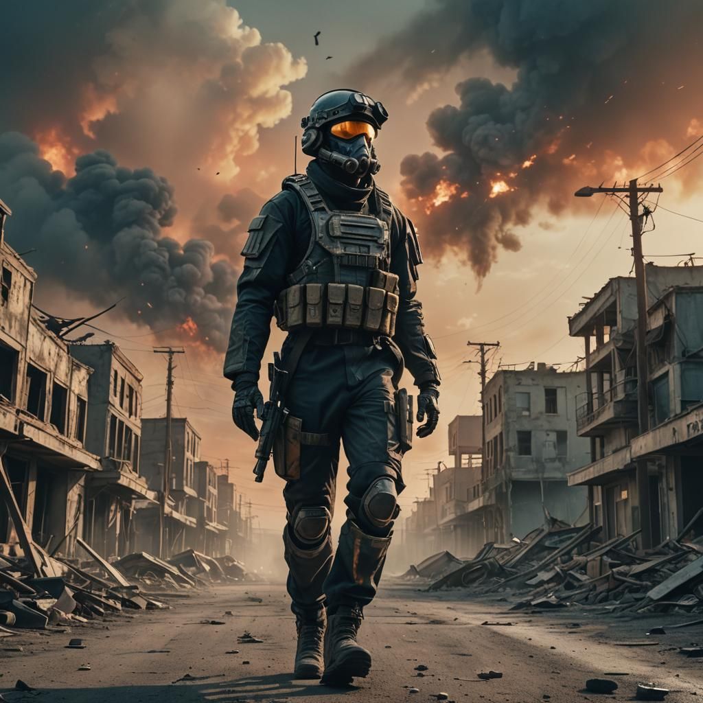 Futuristic Soldier in Post-Apocalyptic Townscape