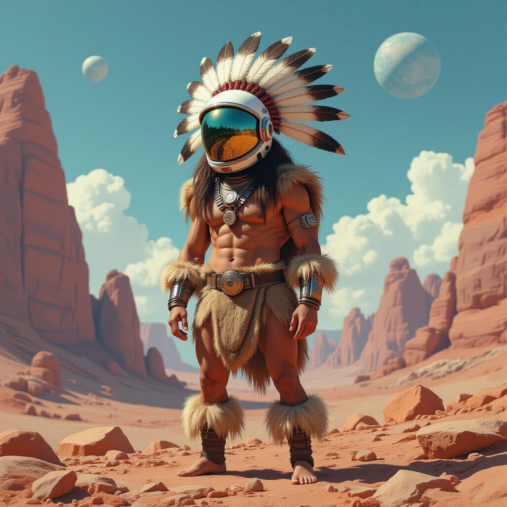 Caveman Astronaut on Alien Planet in Futuristic Style