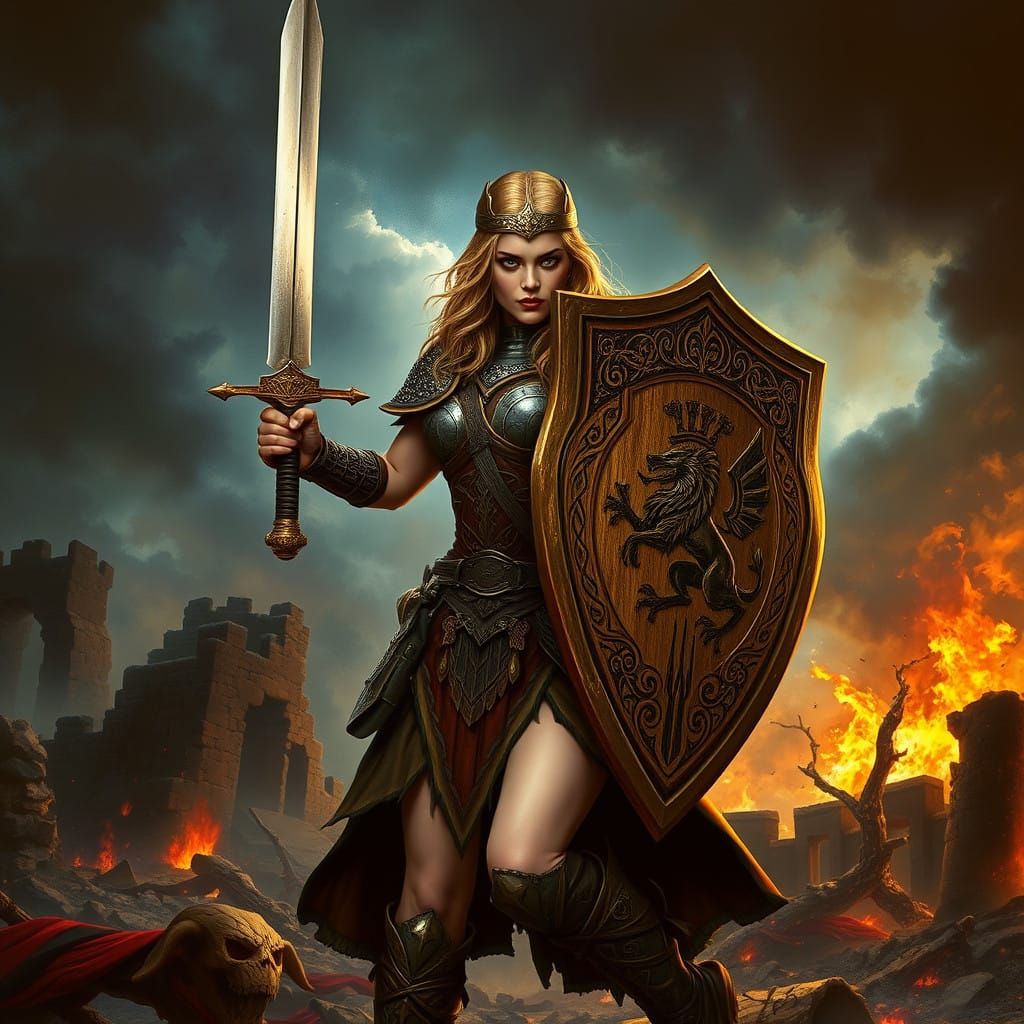 Vigilant Shieldmaiden Amidst Ruins