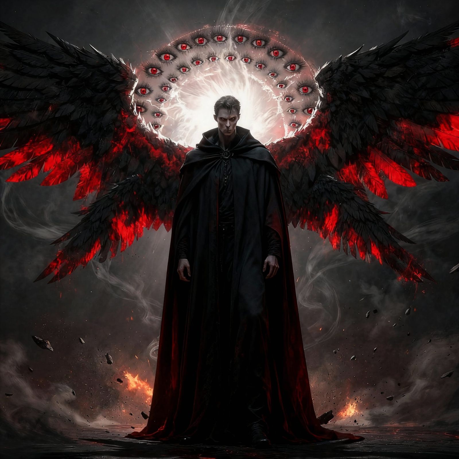 Handsome Sinister Angel with Large Wings and Cloak
