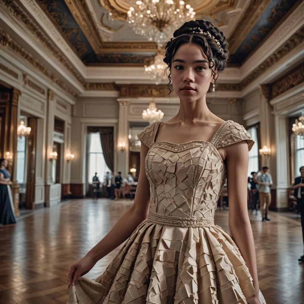 Woman in Tofu Dress in Ballroom, Hyperrealistic