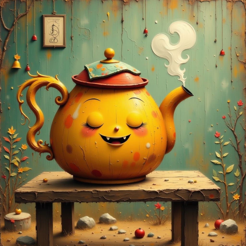 Whimsical Teapot Grinning on Rustic Table