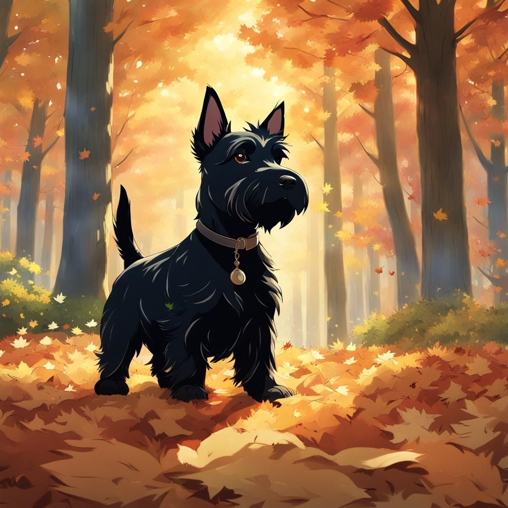 Happy Scottish Terrier Puppy in Ghibli Autumn
