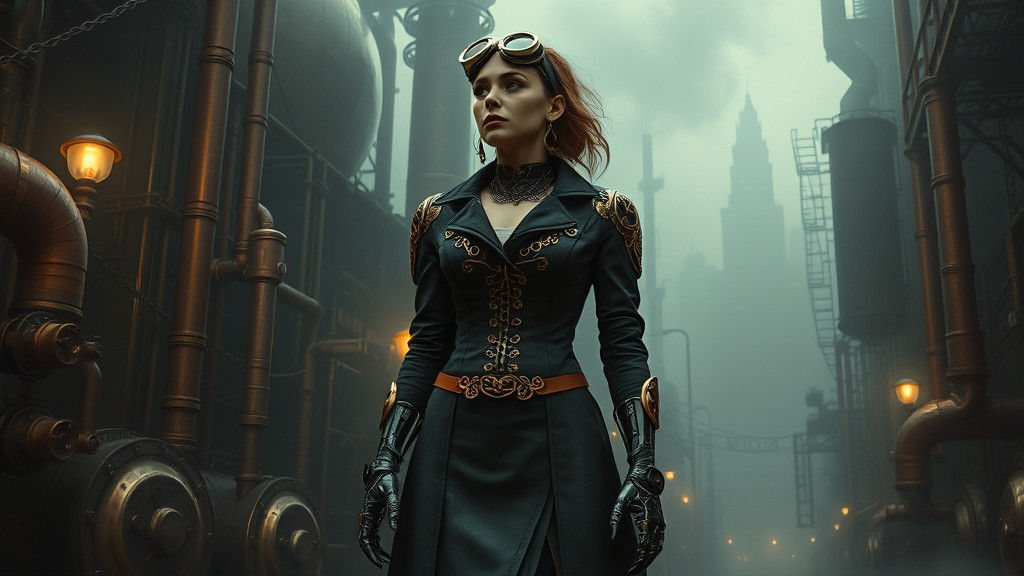 Steampunk Woman in Industrial Cityscape