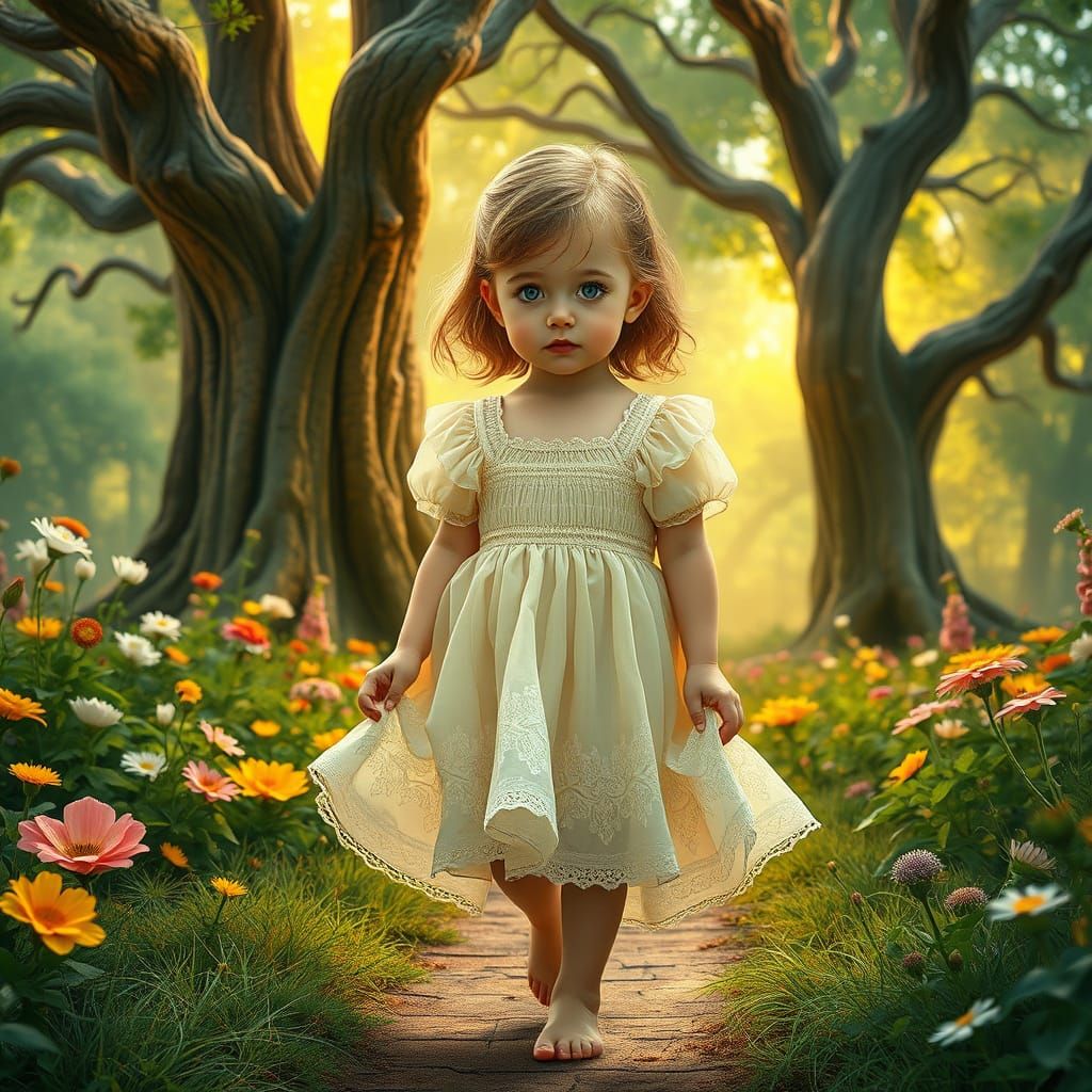 Surreal Garden Scene with Innocent Girl in Elegant Frock Dre...