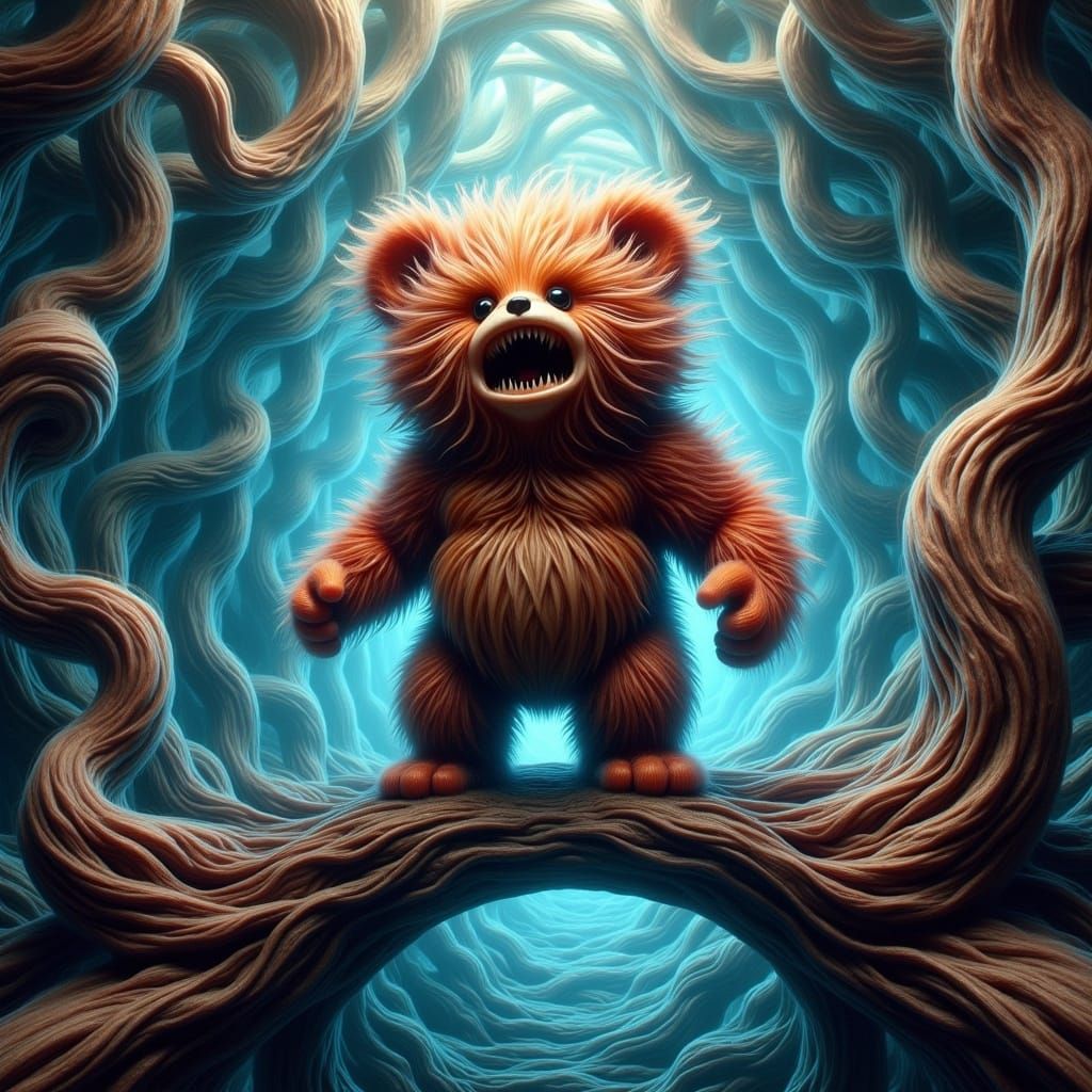 Anguished Teddy Bear on Twisted Bridge: Surrealist Art