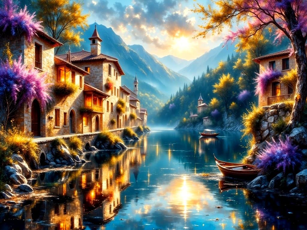 Enchanting Medieval Italian Street Scene with Serene Lake