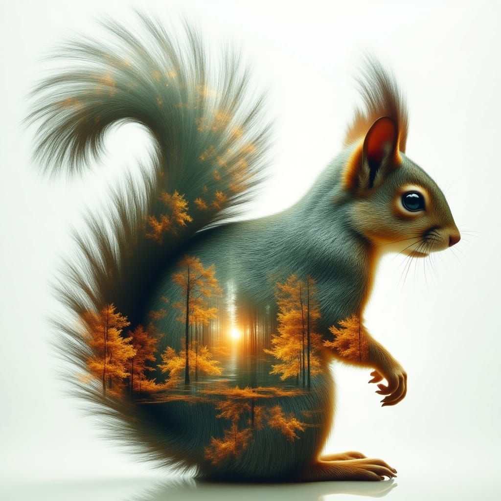 Surreal Double Exposure of a Squirrel in Ethereal Fairyland