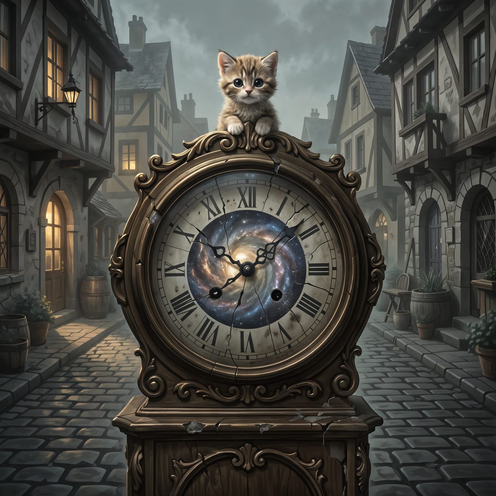 Kitten on Ornate Grandfather Clock in Whimsical Village