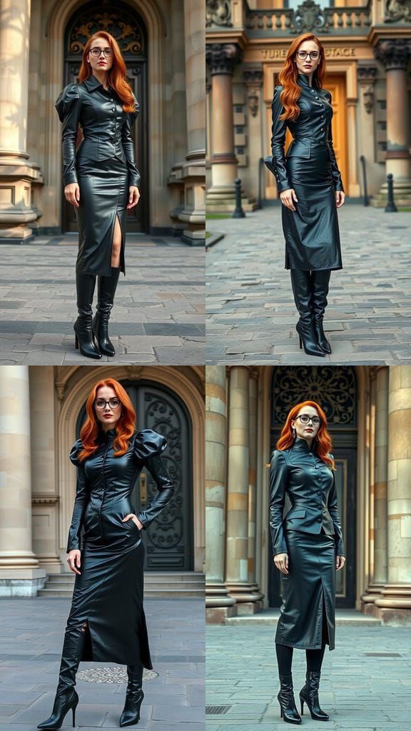A tall woman with glasses stands confidently on a stone-paved street, flanked by grand columns that support an ornate fa...