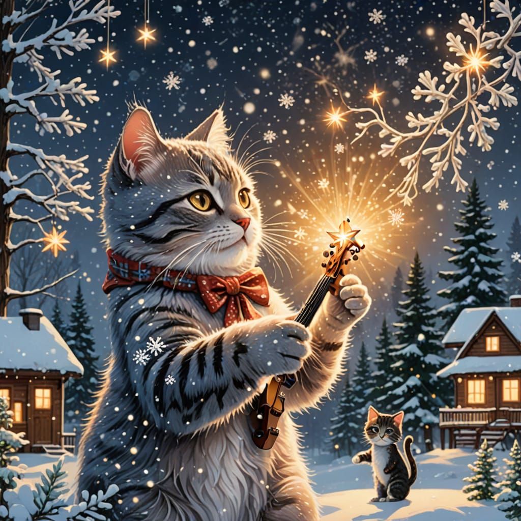 Whimsical Winter Scene: Cat Plays Fiddle Amidst Twinkling Sn...