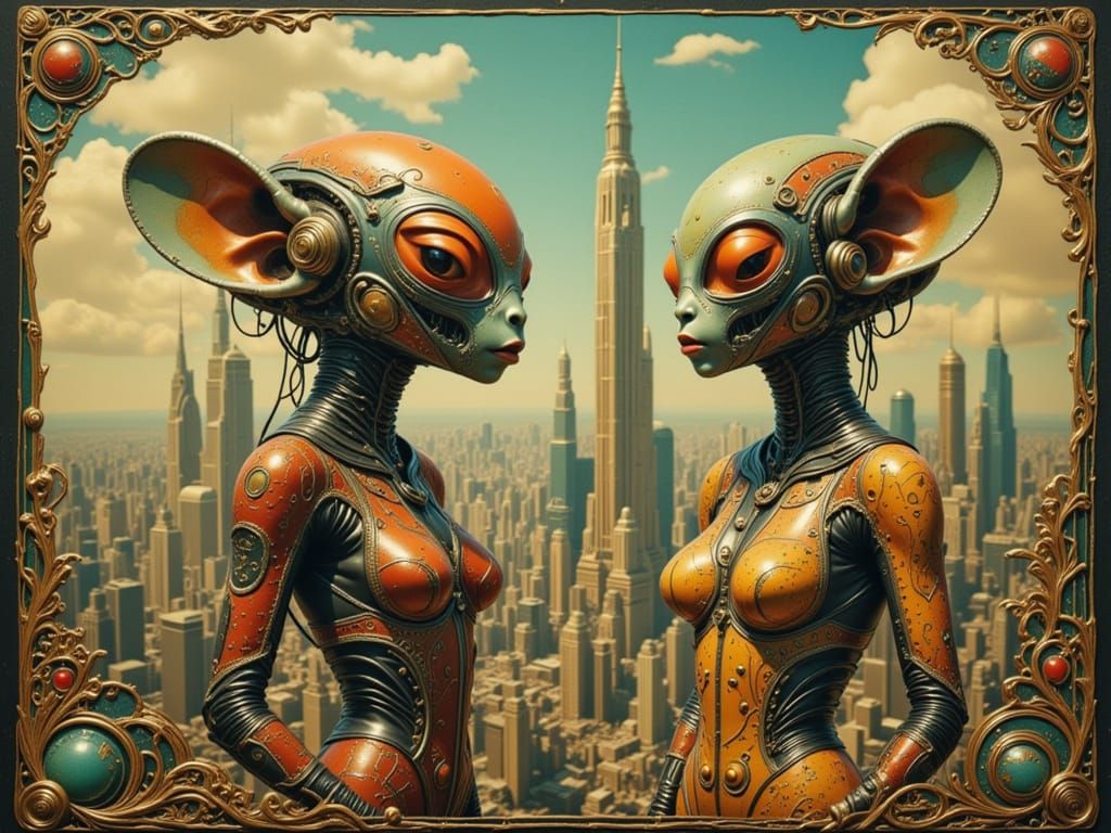 Aliens Visit Metropolis in Vibrant Futuristic Style
