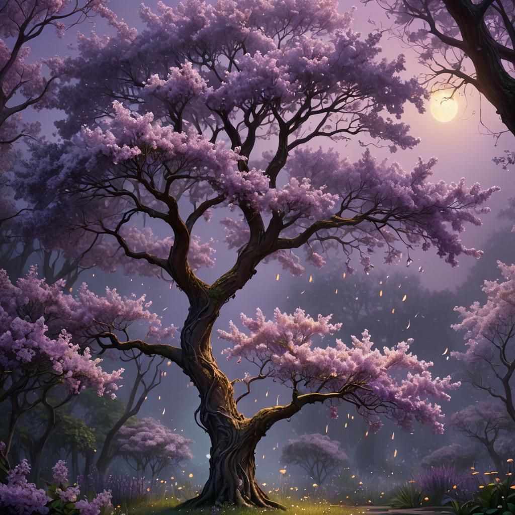 Moonlit Lilac Tree in Whimsical Garden