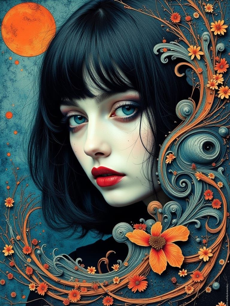 Gothic Woman Portrait with Zentangle and Swirls