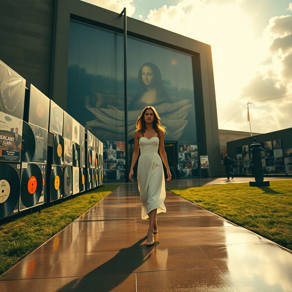 Retro Lady Walks Path Near Museum in Vintage Snapshot Style