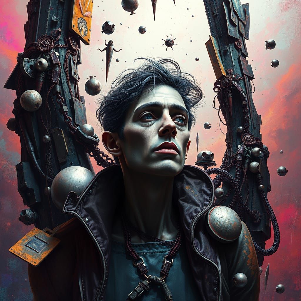 Surreal Biomechanical Figure in Vibrant, Metallic Colors