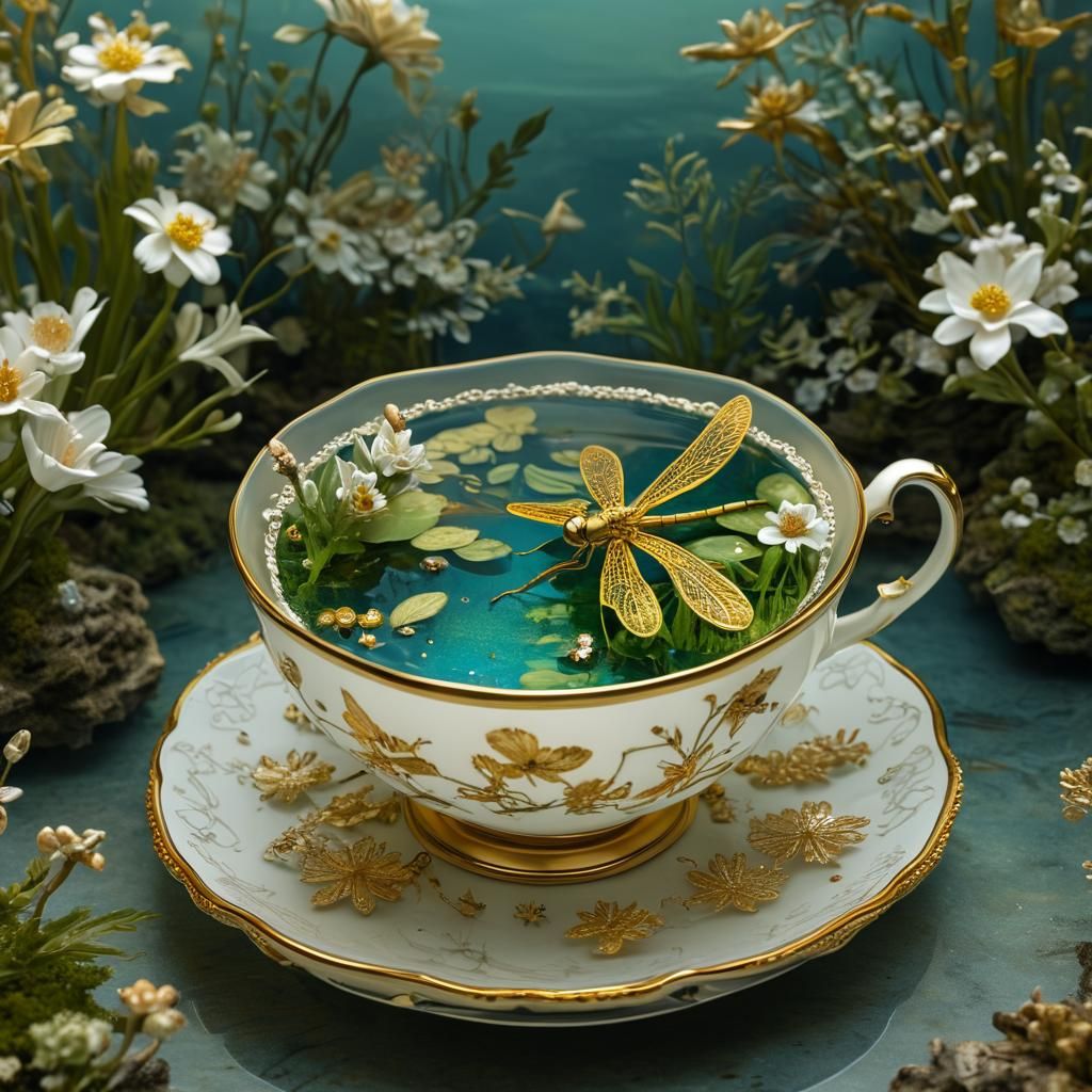 Jewel Dragonfly Diorama in Teacup, Detailed Miniature Scene