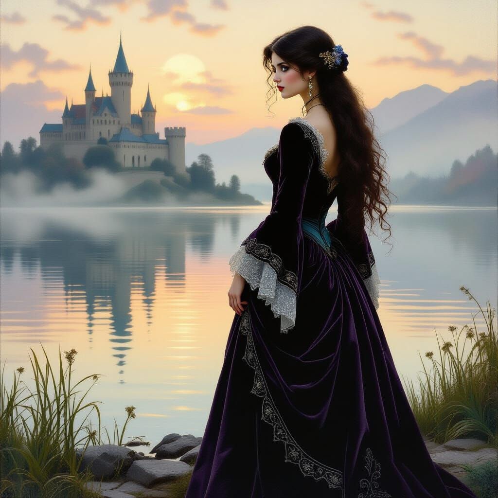 Woman on Misty Lake in Pre-Raphaelite Style