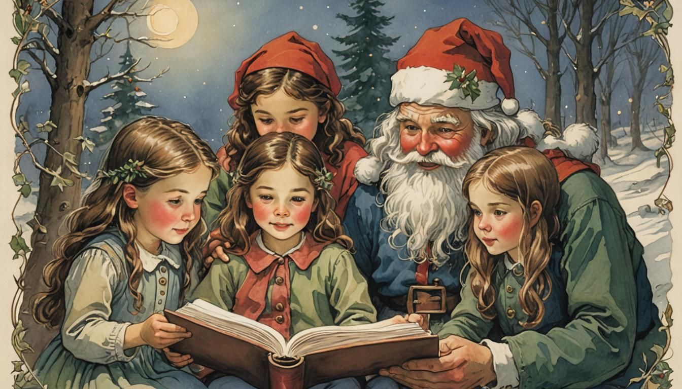 Santa and Children Reading, Classic Illustration Style