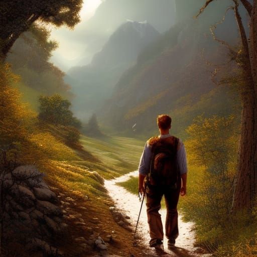 Lone Hiker at Sunset: Digital Matte Painting