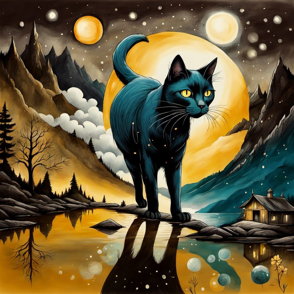 Mysterious Black Feline Ink Drawing