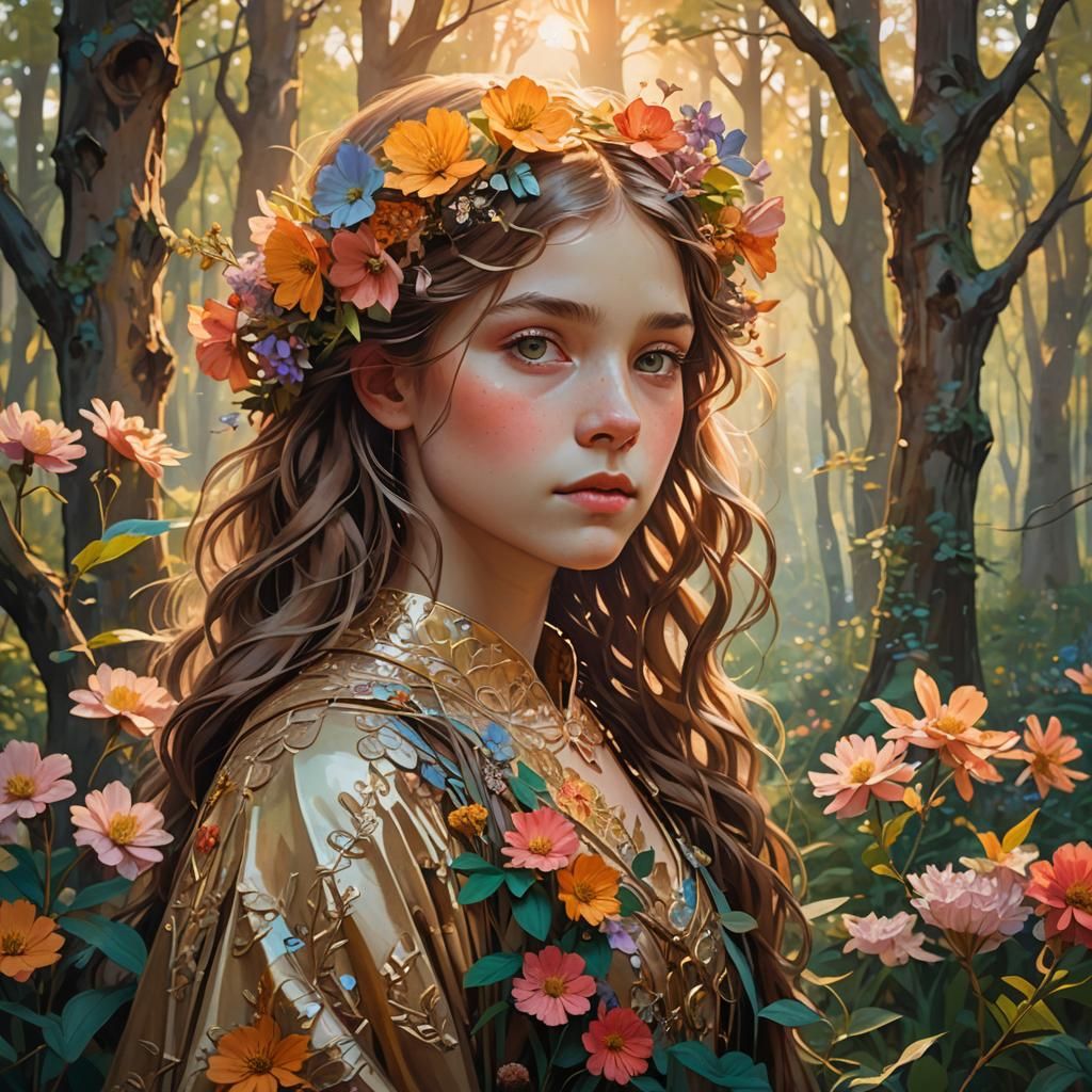 Young Girl Portrait in Forest, Art Nouveau Style