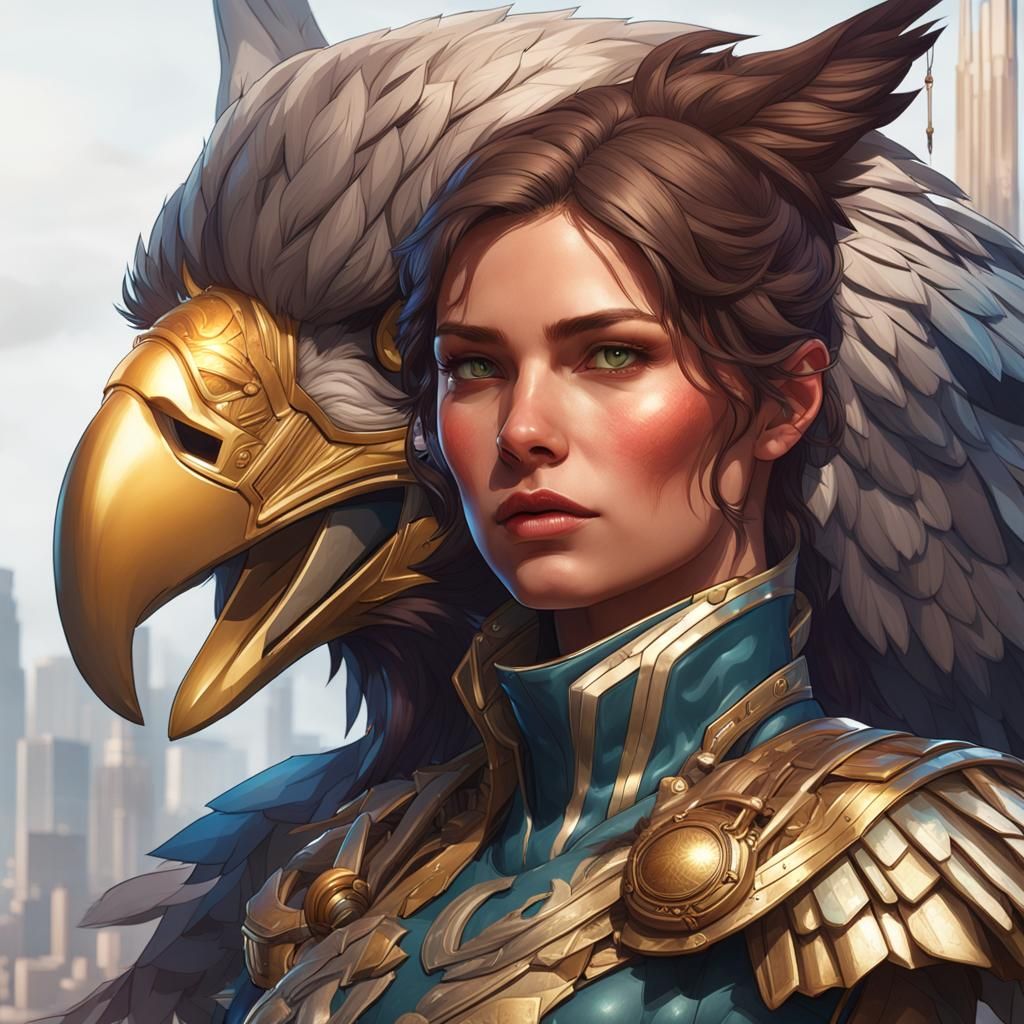 Surreal Woman with Cat and Eagle Features