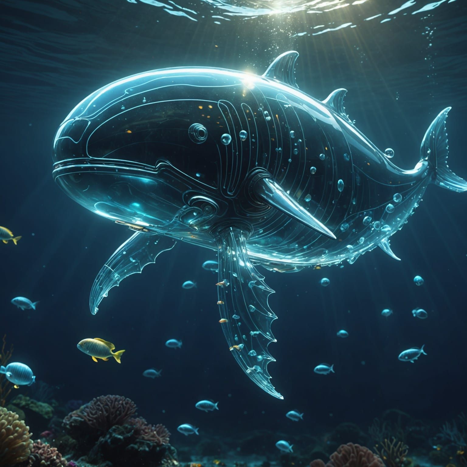Glowing Glass Whale in Sci-Fi Underwater Scene