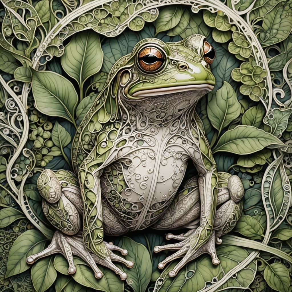 A mesmerizing and enigmatic Zentangle portrait of a frog, inspired by the artistic style of Alphonse Mucha. The frog's i...
