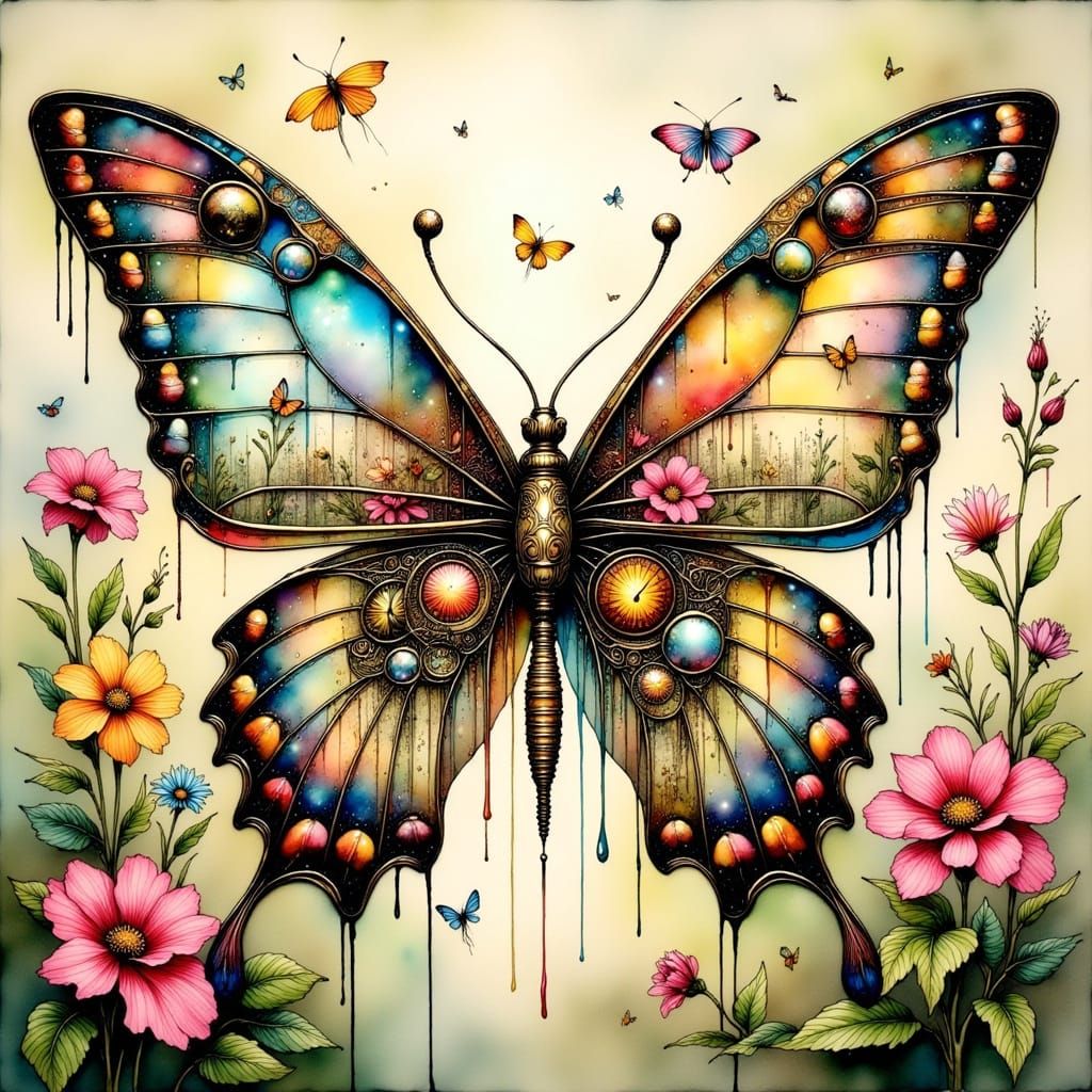 Steampunk Glass Butterfly with Escher-Inspired Whimsy