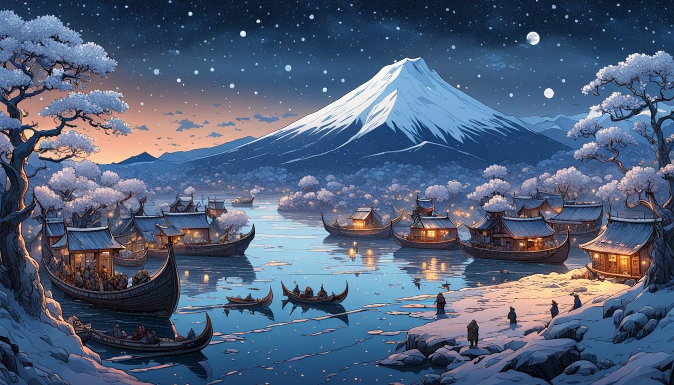 Viking Ships Sail Through Starry Japanese Winter Landscape i...