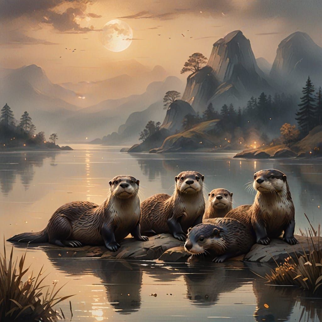 Otters by Moonlit Lake in Romanticist Style