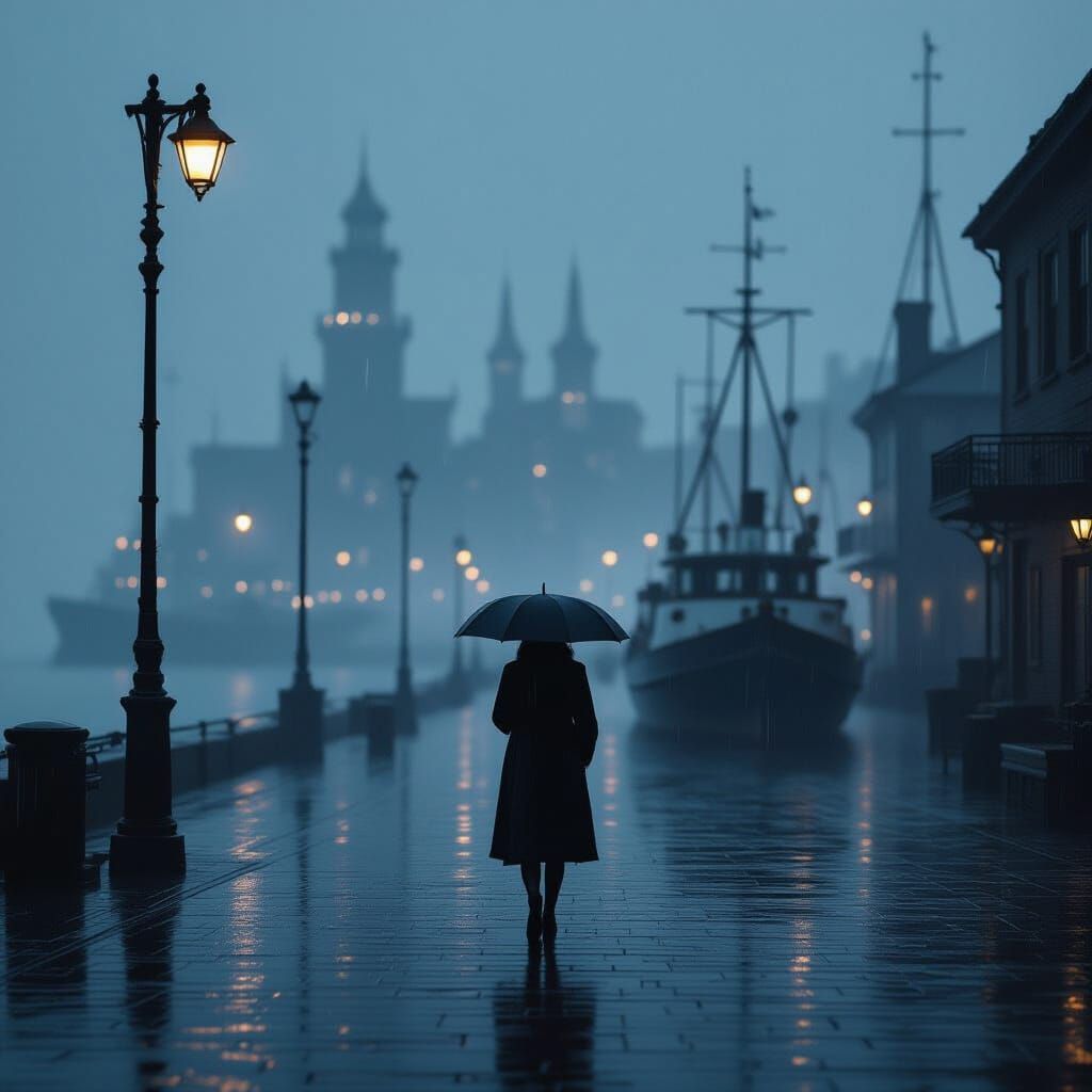 Gloomy Seaport at Dusk with Rain and Blurred Lights