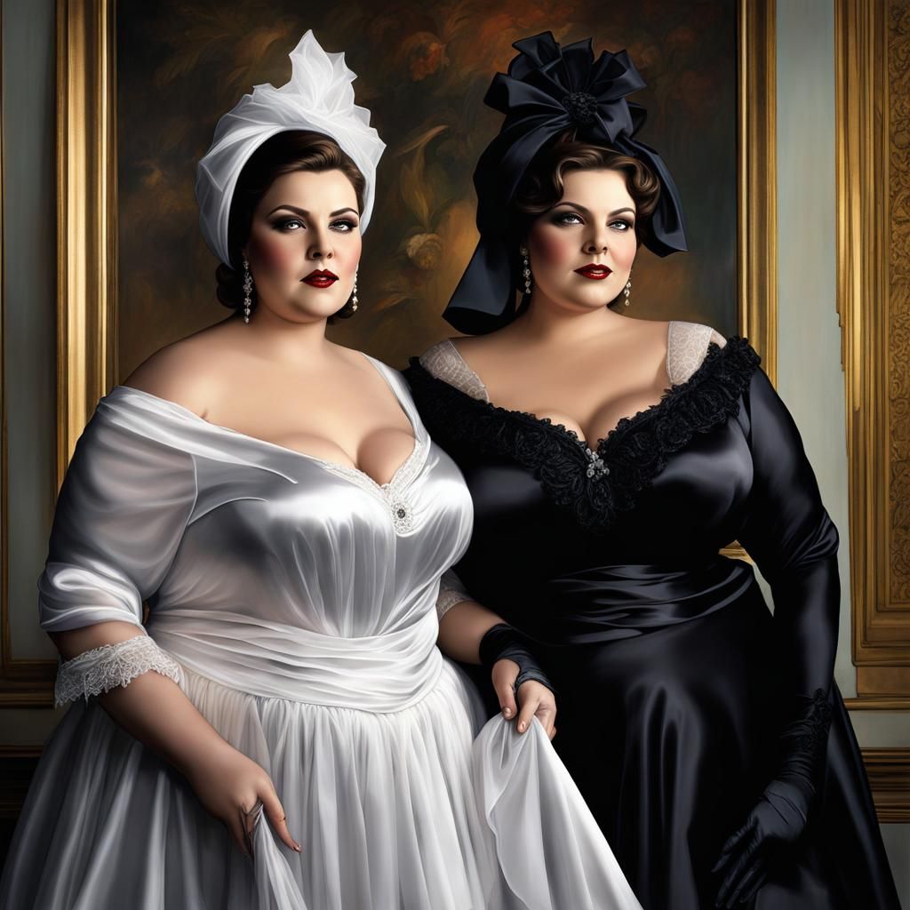 Twin Sisters Mature White Statuesque Grand Glamorous Ladies Black Satin Victorian Mourning Funeral Era Black Satin Opera...